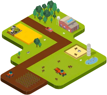 Illustration of a farm with paddocks, crops, livestock, machinery, buildings, and trees.